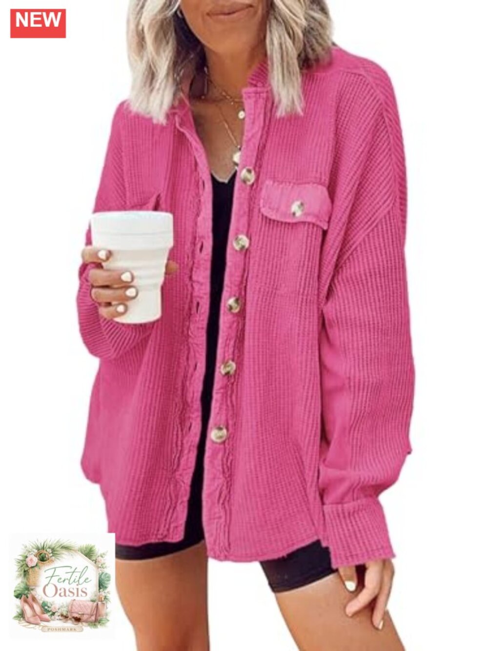 Waffle Knit Button Down Shacket Corduroy Jacket Casual Fall Top